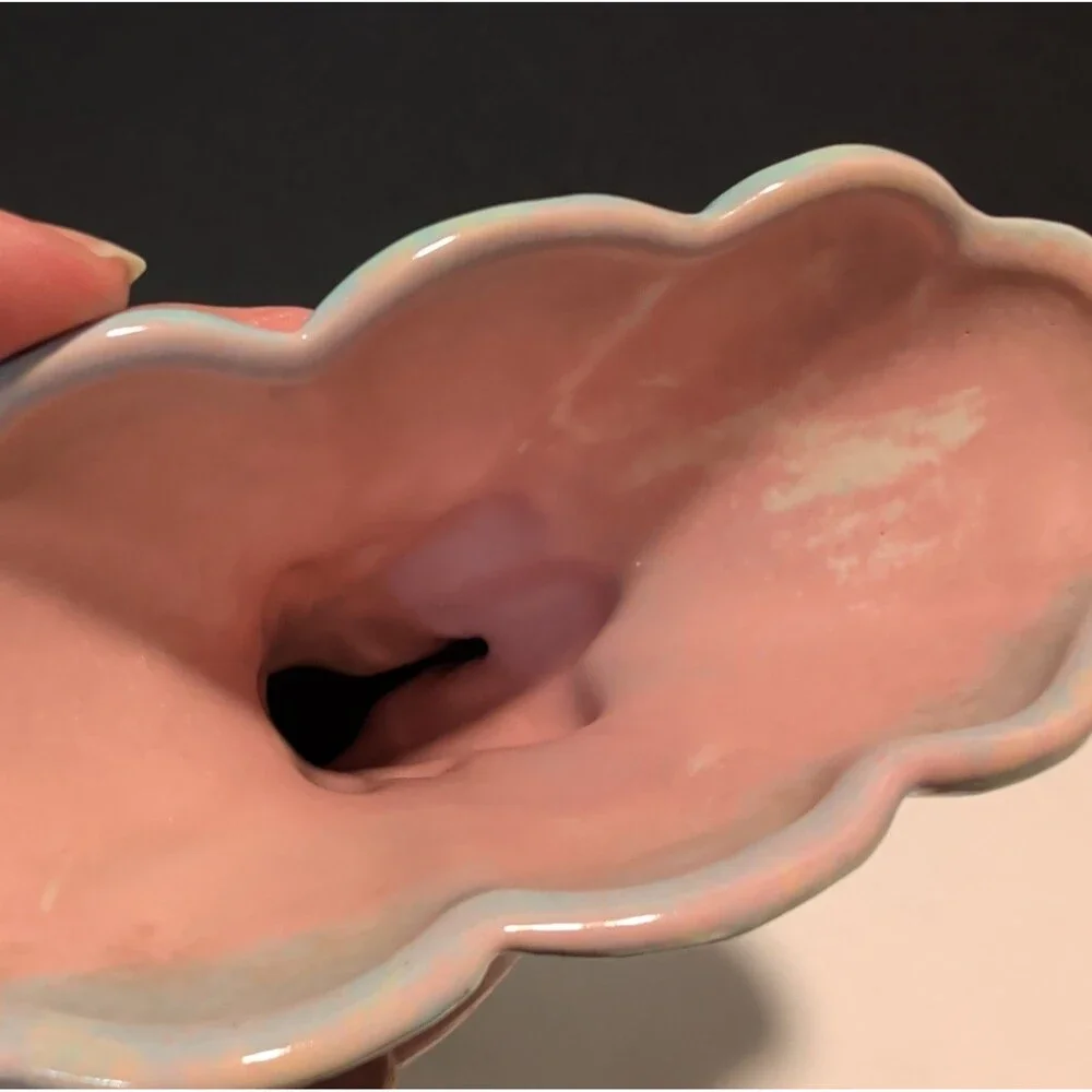 Vintage Gonder Pottery Cornucopia Horn of Plenty Vase Blue Speckle Pink 6 Inch
